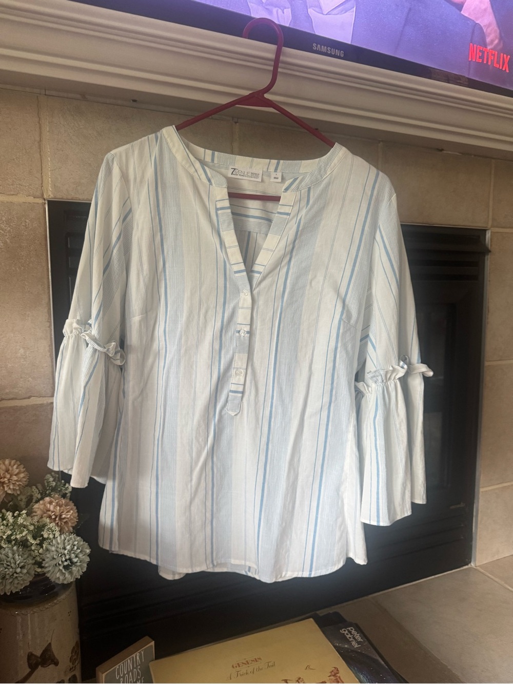 White Tunic Top with Light Blue Stripes